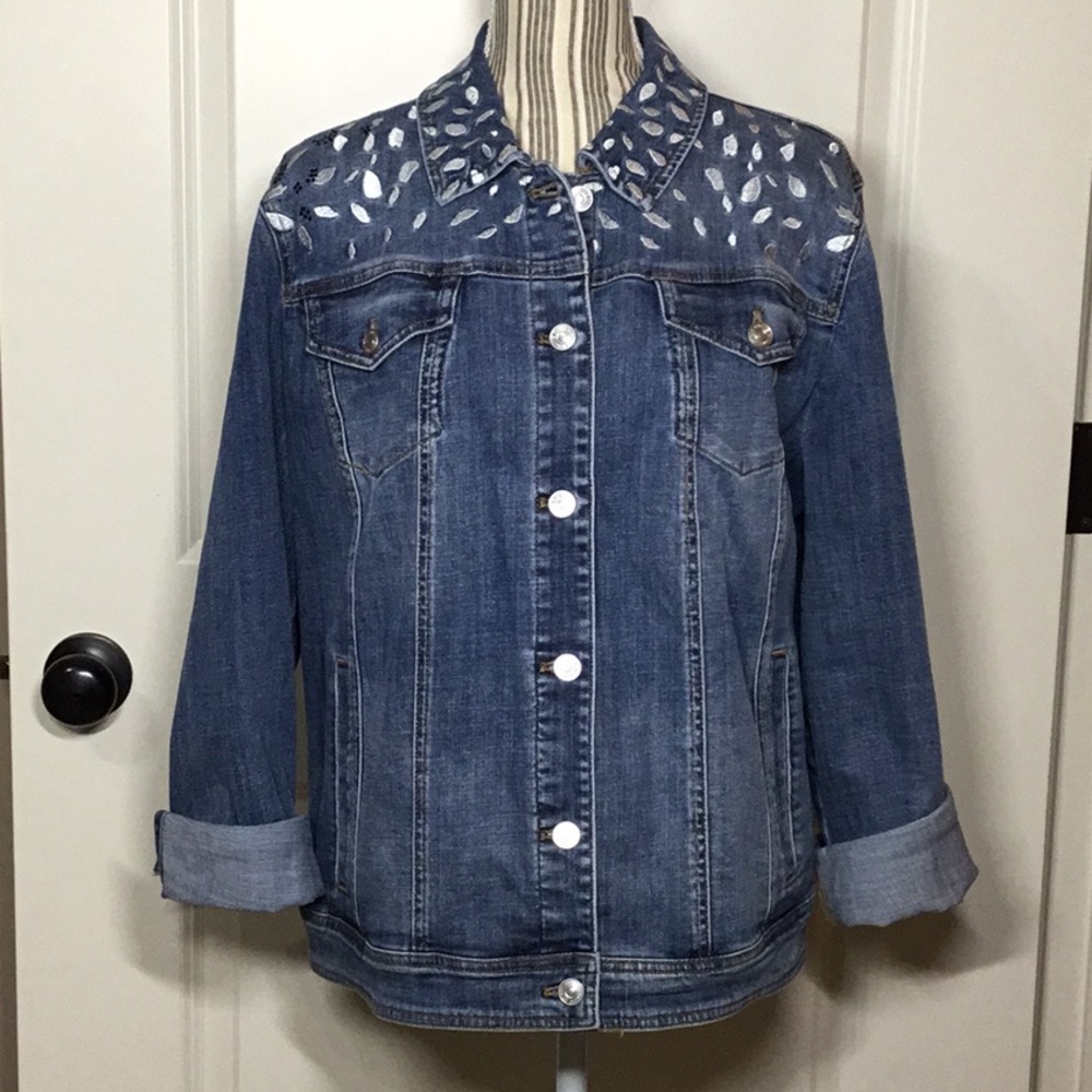 Chico’s Peace Love Chic Embroidered Denim Jacket, Mediterranean Blue, 3